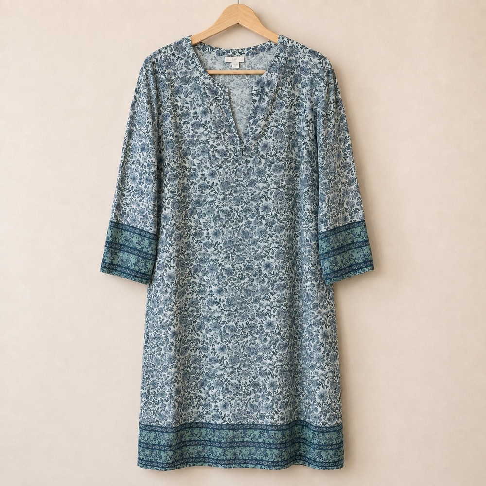 J. Jill Blue Floral Cotton Shift Dress XL 3/4 Sleeve Midi Split Neck Pockets